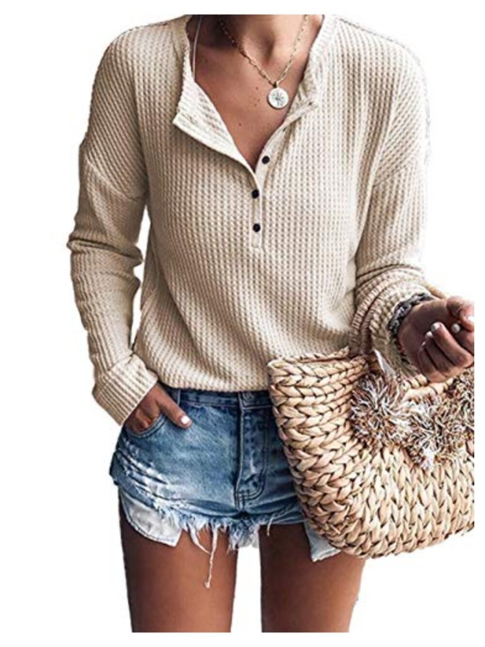 Waffle Knit Long Sleeve Tunic Henley Shirt Button Up V Neck Top